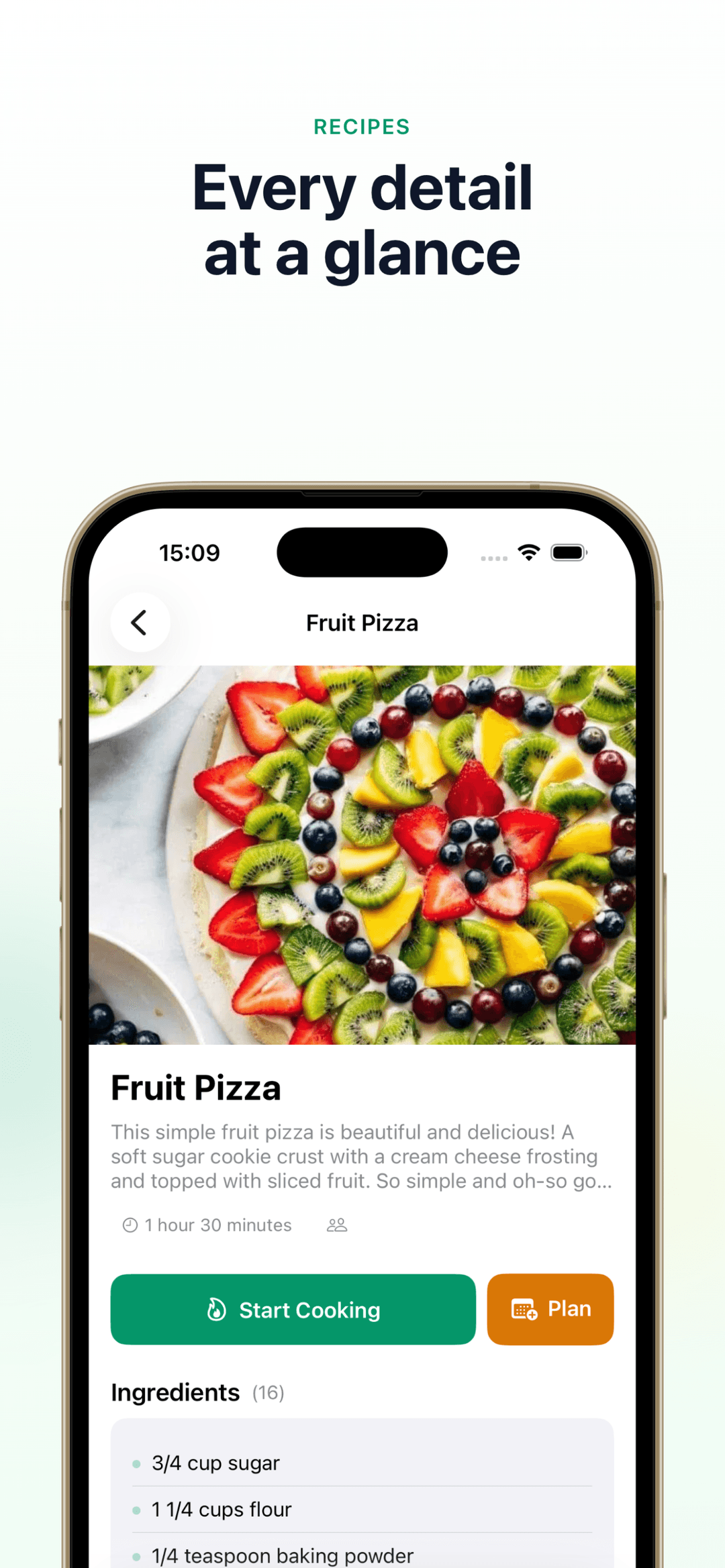 MealieCompanion iOS app showing a recipe detail view with ingredients, instructions, and nutrition info