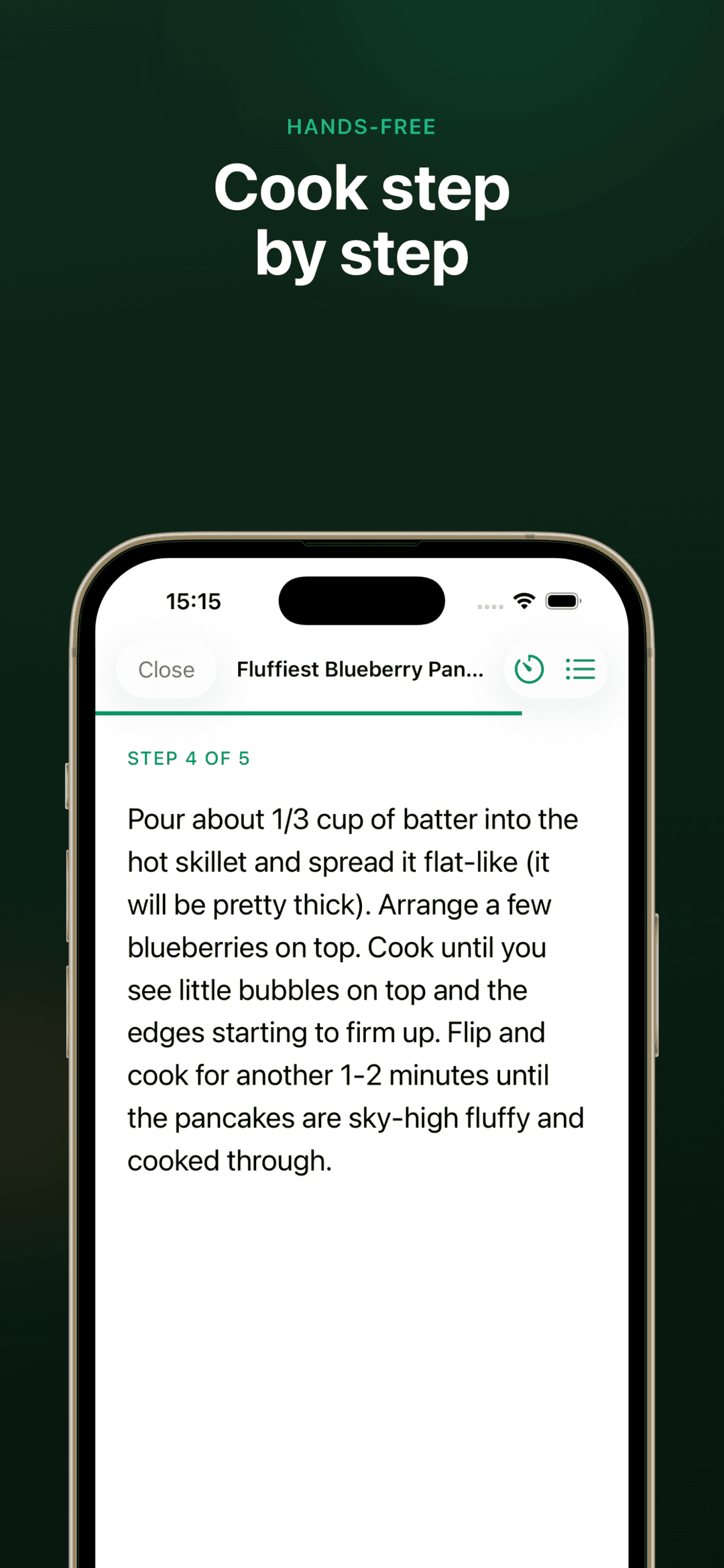 MealieCompanion cooking mode with step-by-step instructions, timer, and progress bar on iPhone