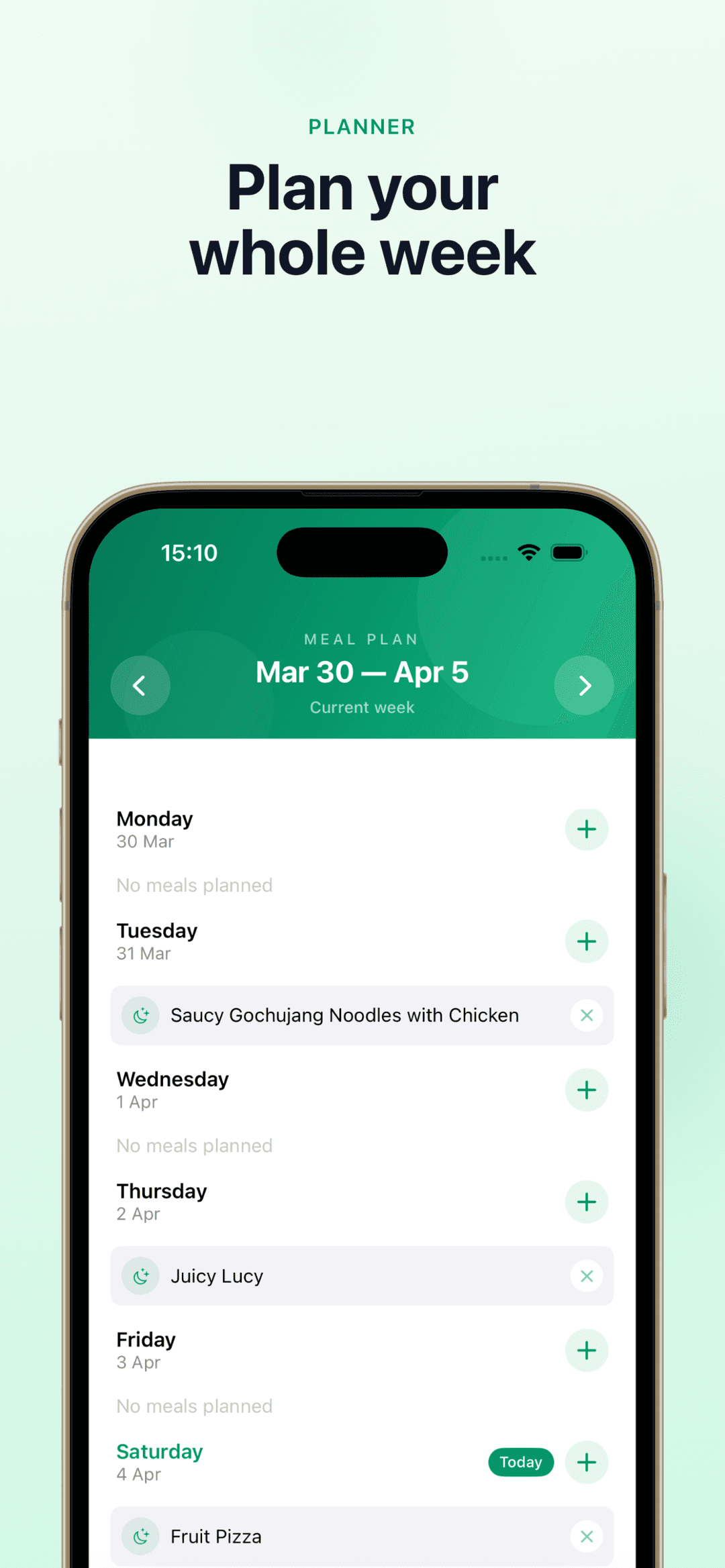 MealieCompanion weekly meal planner showing breakfast, lunch, and dinner entries synced from Mealie